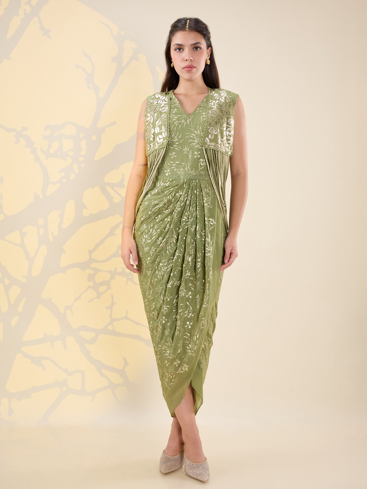 Noor green drape dress set