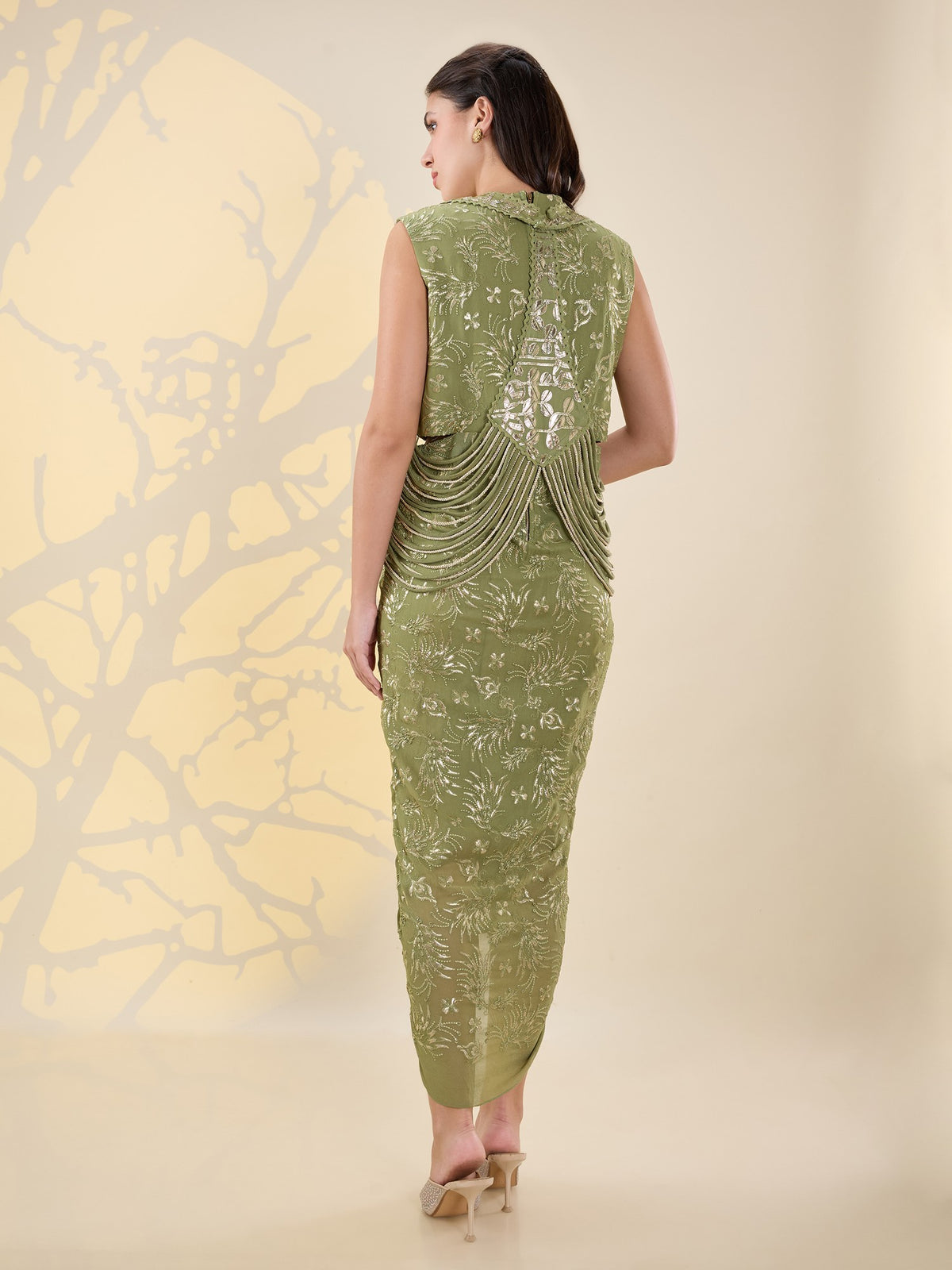 Noor green drape dress set