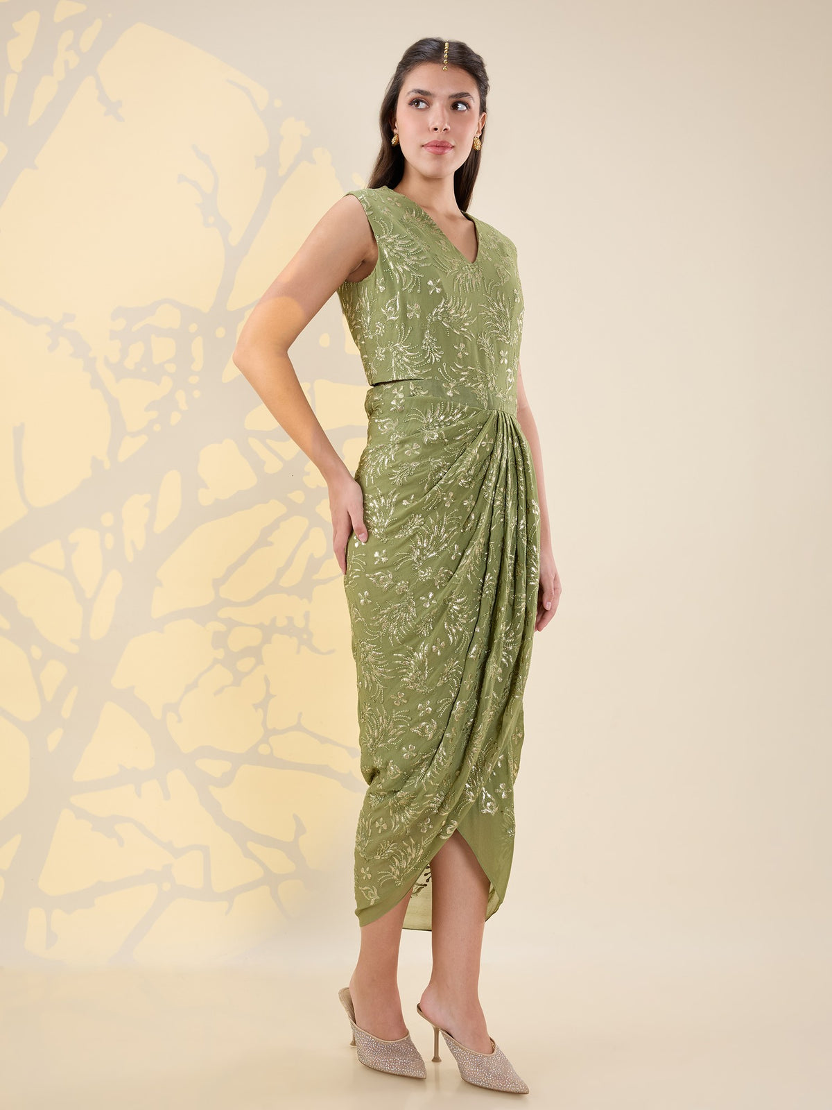 Noor green drape dress set