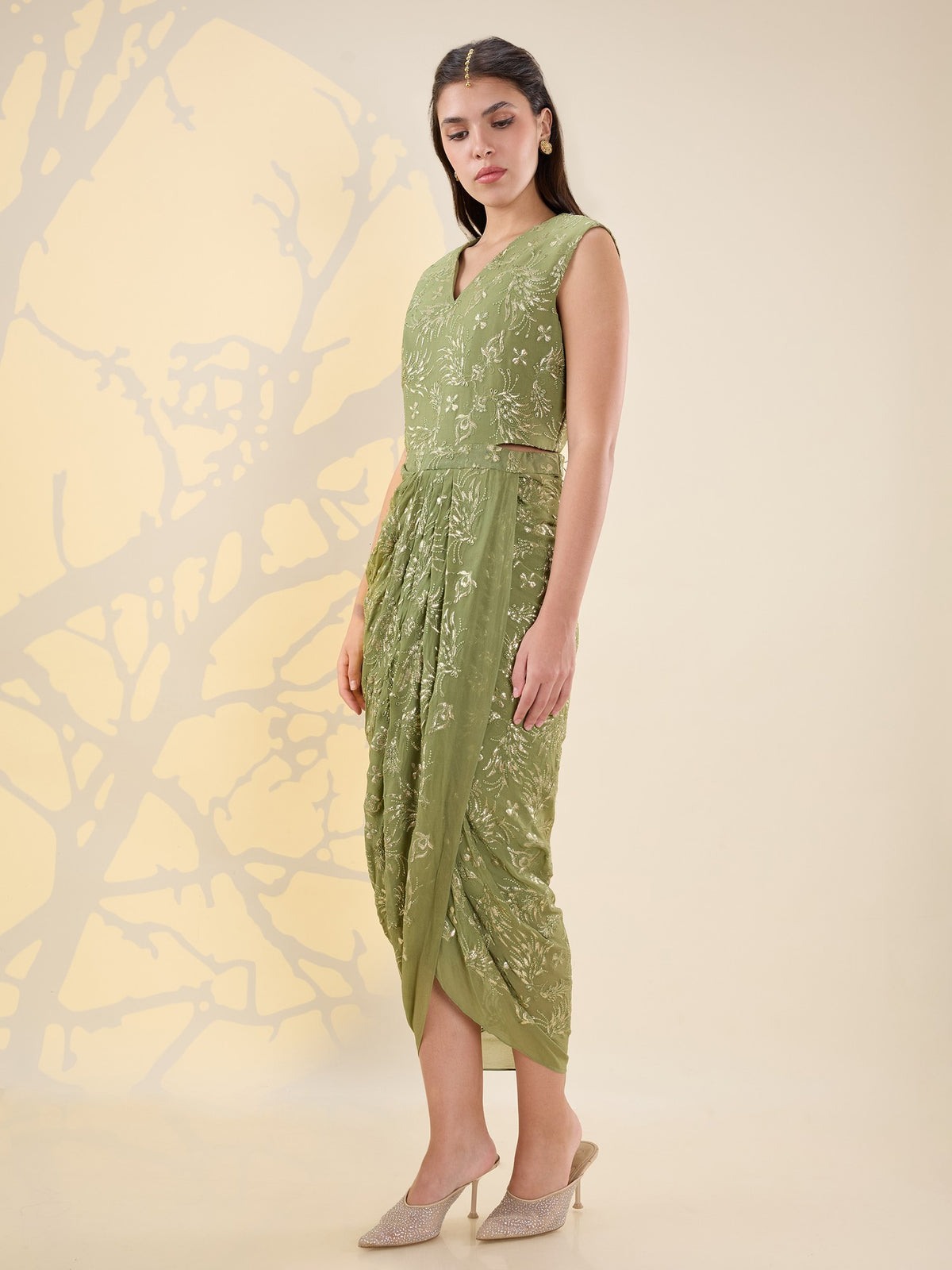 Noor green drape dress set