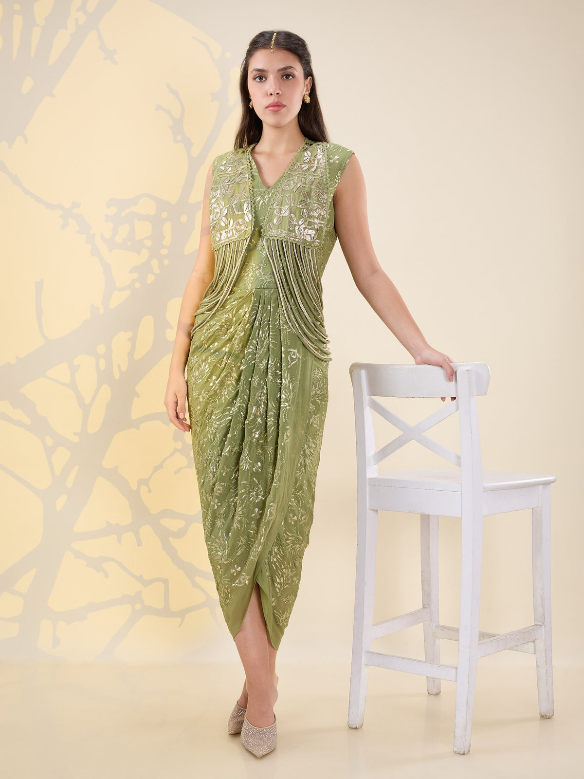 Noor green drape dress set