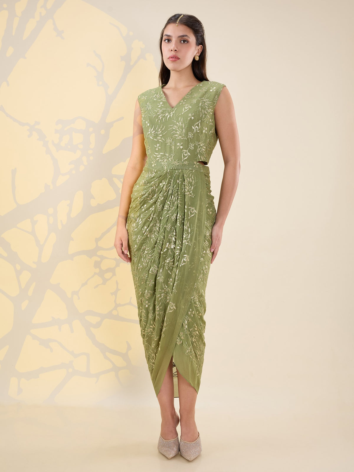 Noor green drape dress set