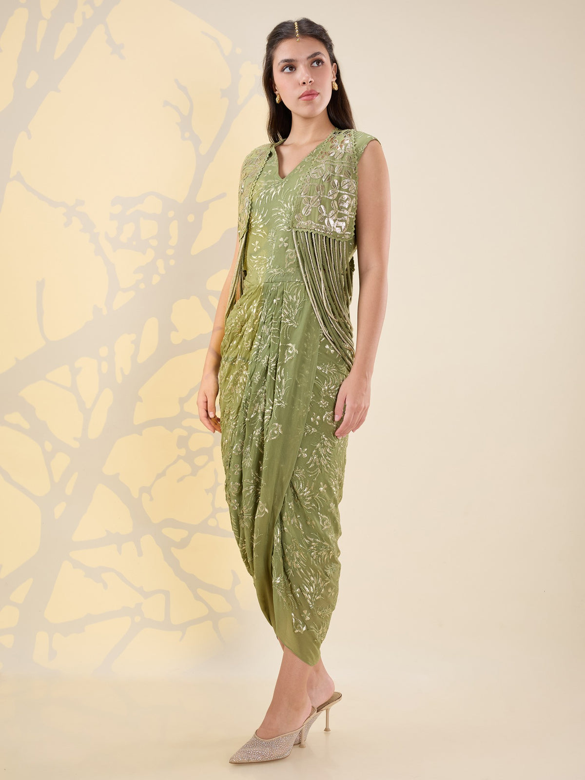 Noor green drape dress set