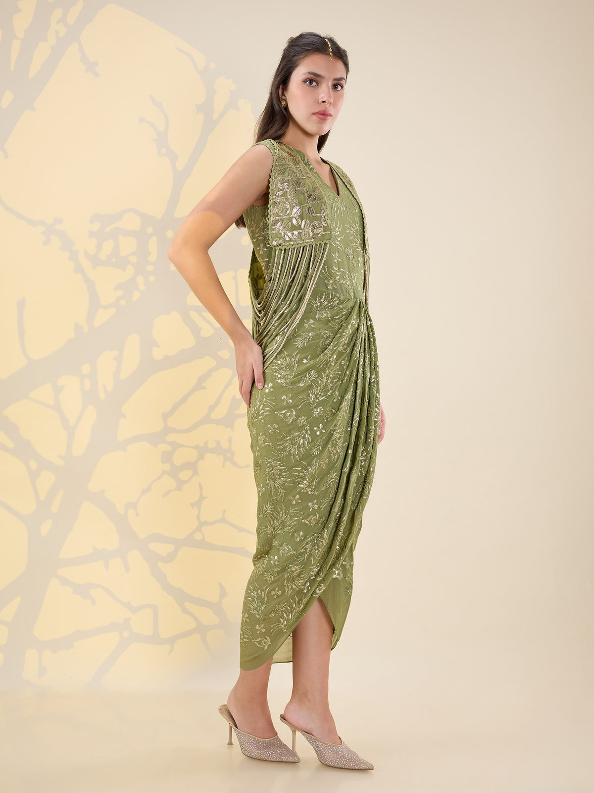 Noor green drape dress set
