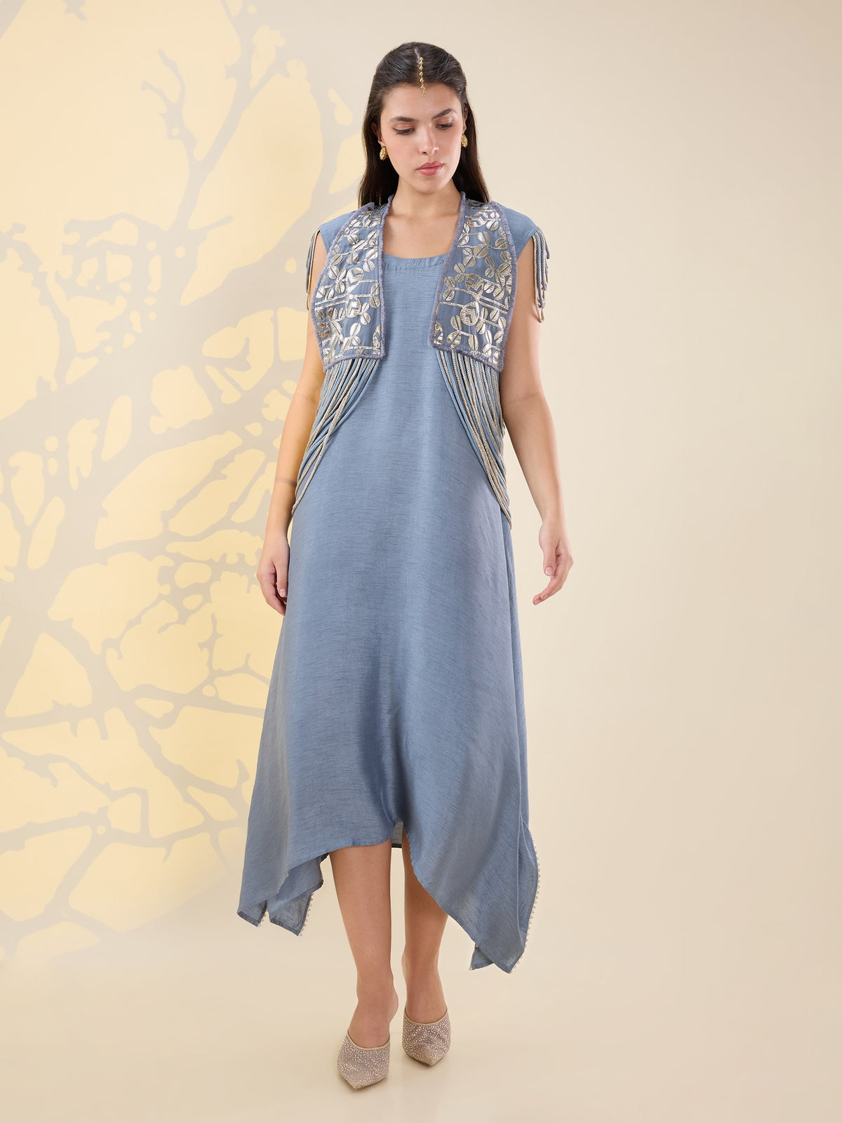 Noor grey fringe jacket set