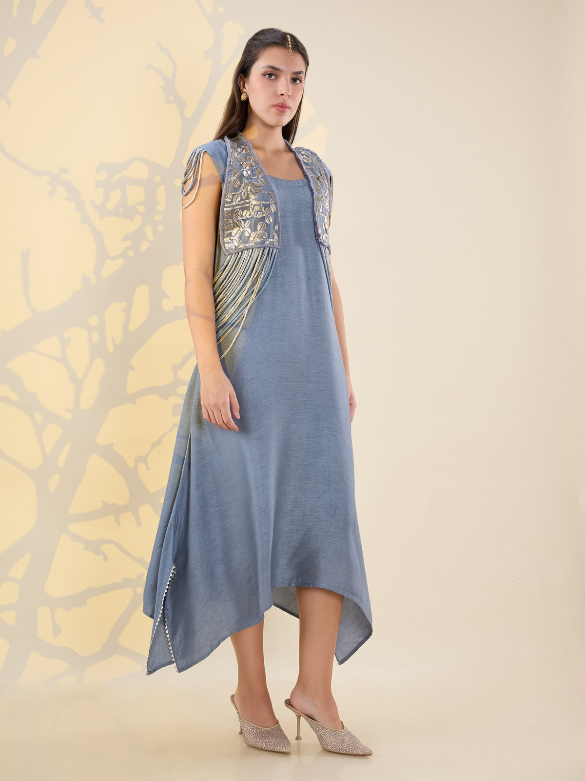 Noor grey fringe jacket set