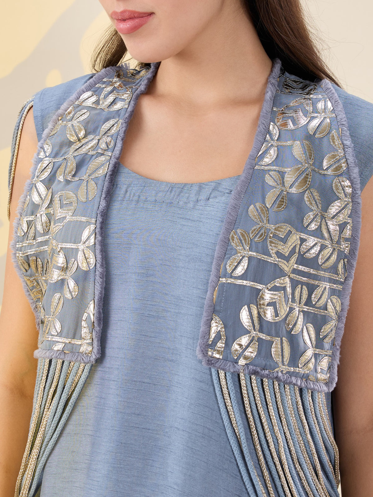 Noor grey fringe jacket set