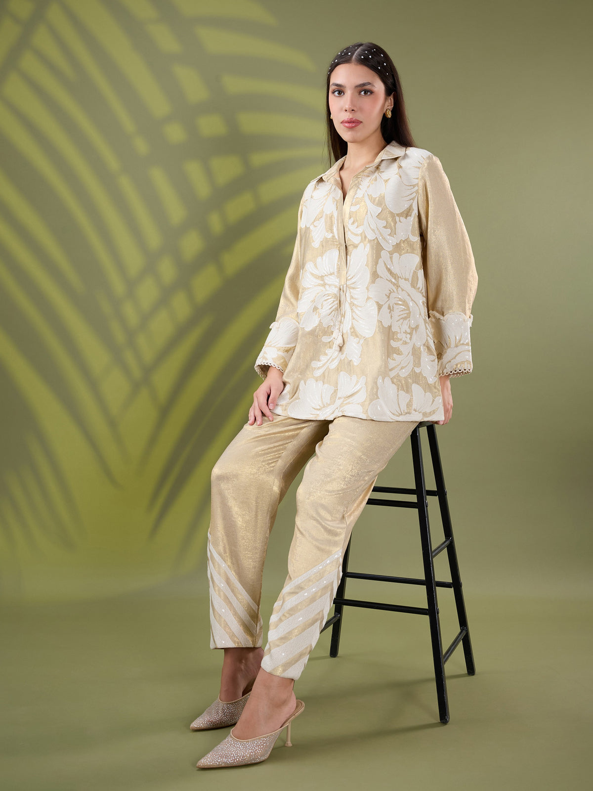 Mehr gold floral embroidered coord set