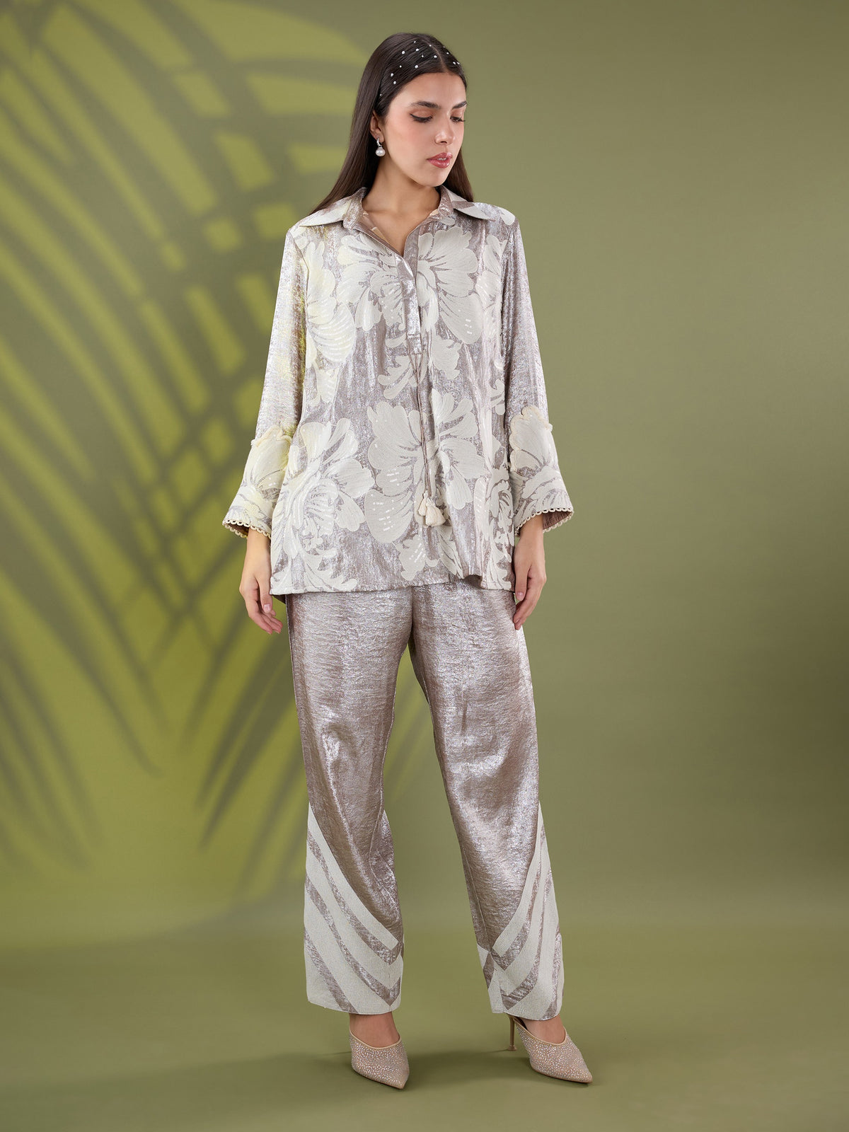 Mehr silver floral embroidered coord set