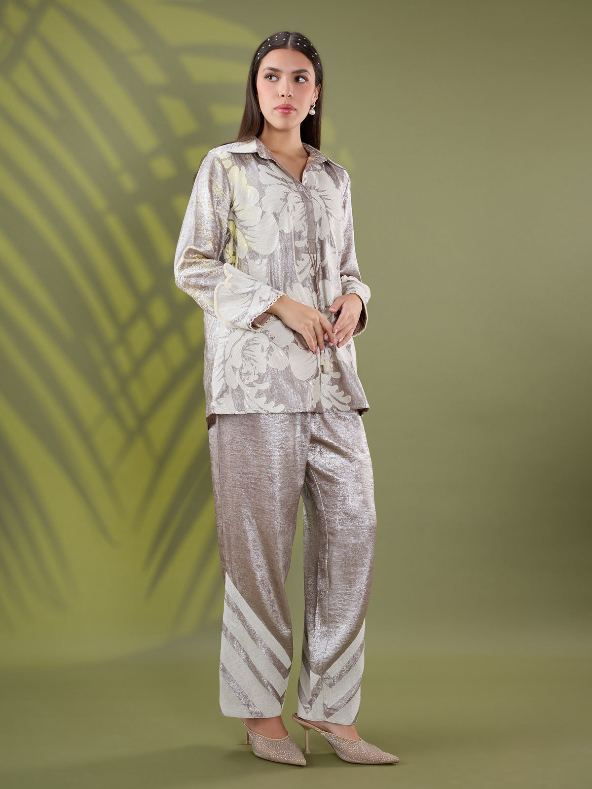 Mehr silver floral embroidered coord set
