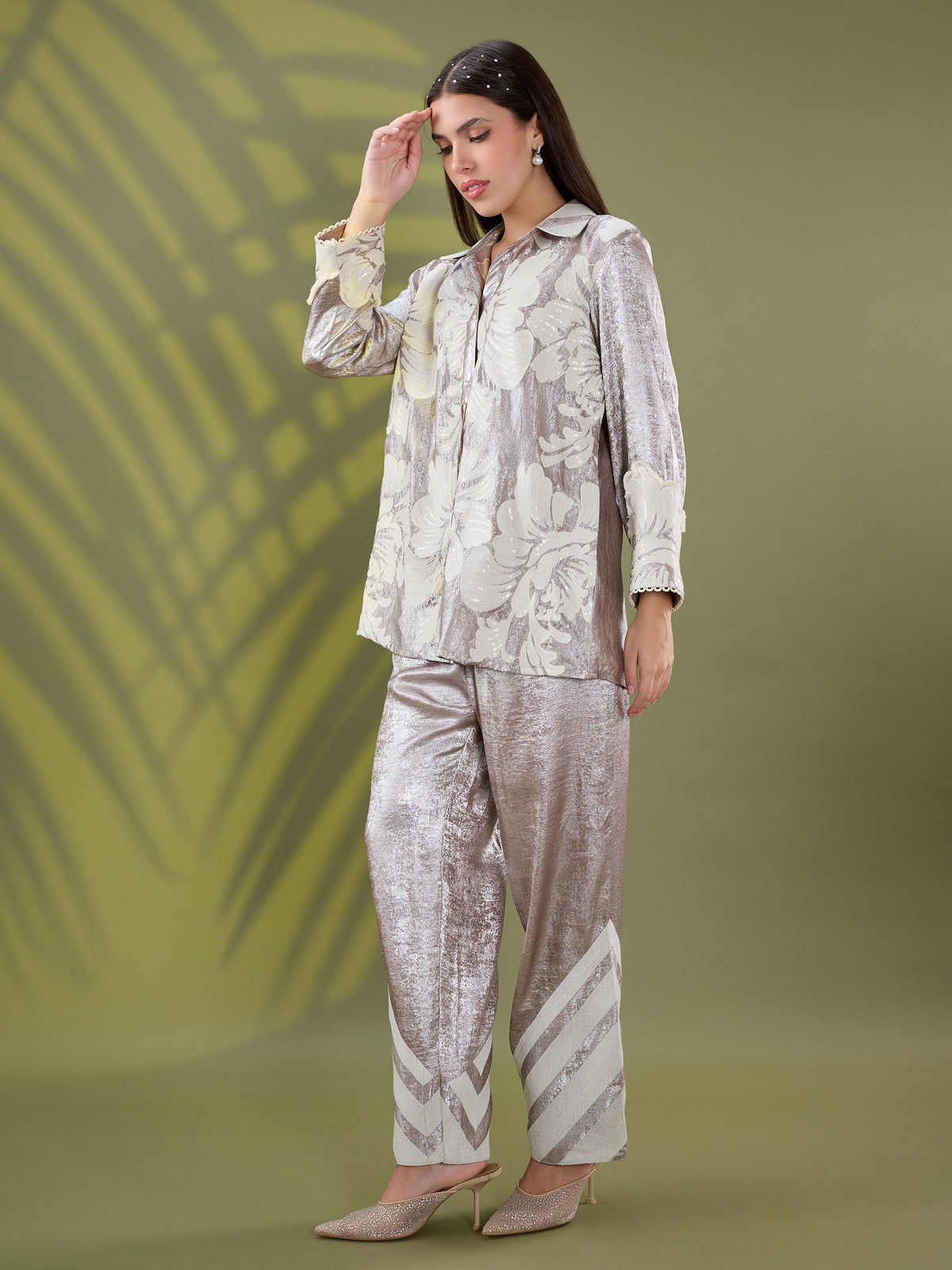 Mehr silver floral embroidered coord set