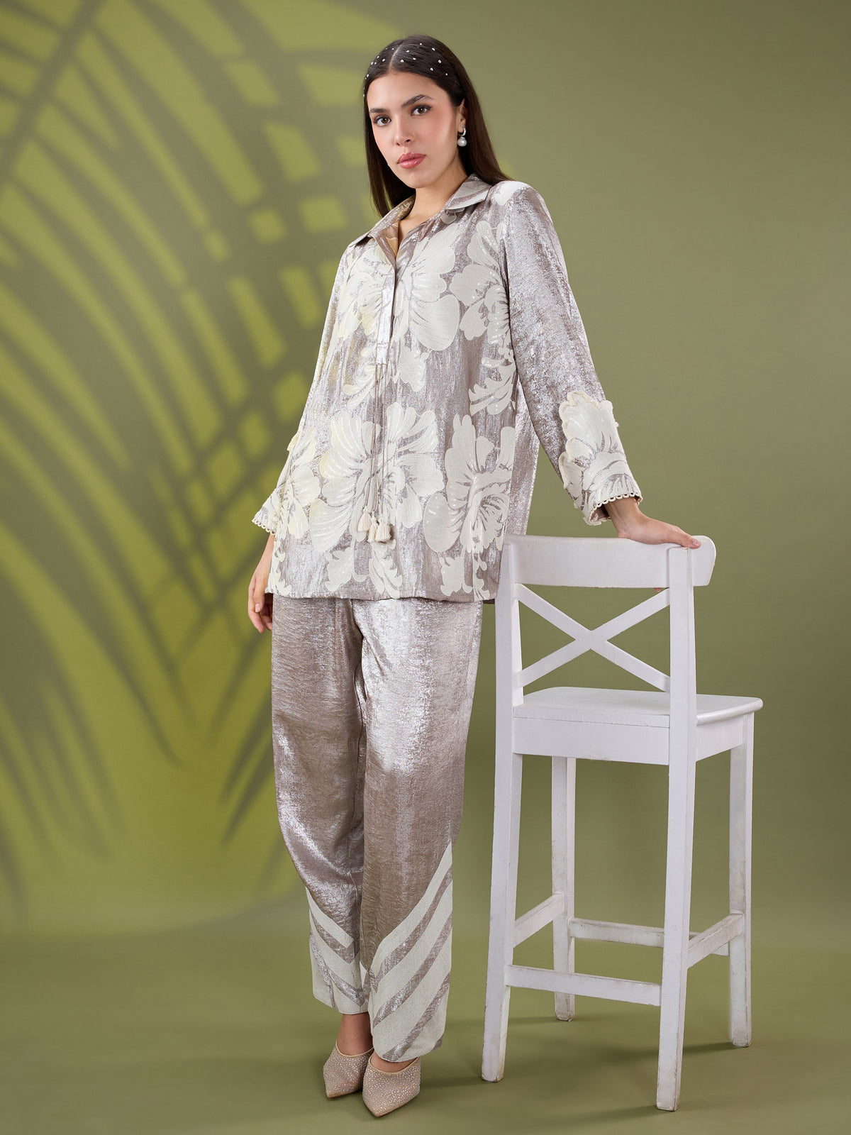 Mehr silver floral embroidered coord set